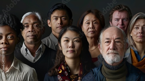 Diverse ethnicities group portrait on a dark background, concept of unity in diversity. Suitable for social awareness campaigns and inclusive corporate profiles
