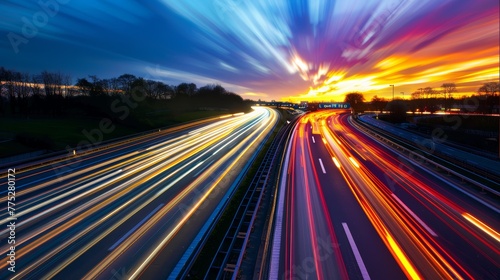 Long exposure of highway traffic at sunset. Vibrant transportation and travel concept.