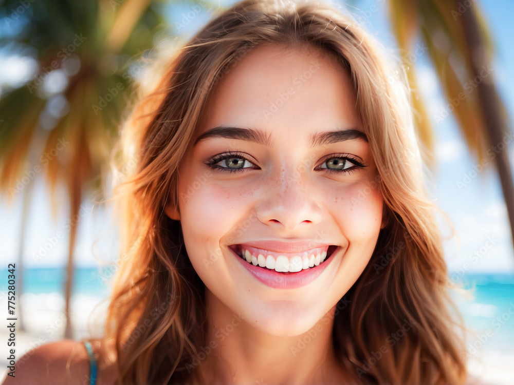 A cheerful young girl against the background of the sea and palm trees. Traveling, rest at sea A cheerful young girl against the background of the sea and palm trees. Traveling, rest at sea