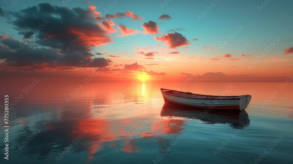   A tiny vessel drifting atop a vast expanse of H2O beneath an overcast heavens, with the setting sun in the background