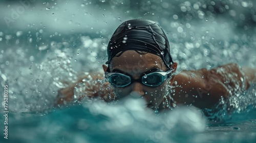 Swimmer in goggles with intense focus. Action capture in water with dynamic splash. © ANStudio