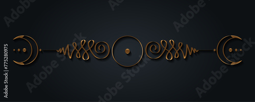 Unalome crescent moon symbol, triple goddess sign representing path to enlightenment. Golden Hand drawn Yantras icon. Gold sun ink drawing, vector illustration isolated on black background