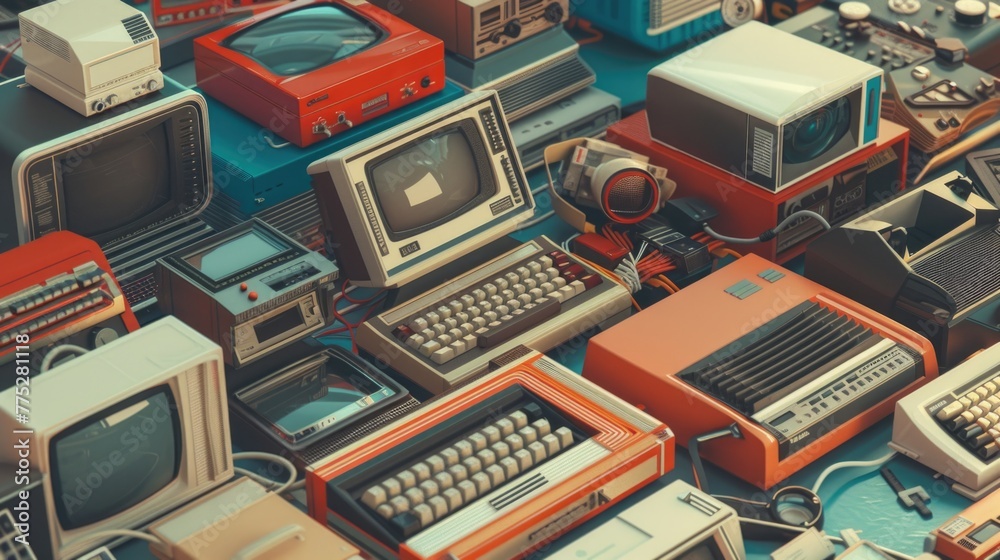 A pile of old computers and electronic devices. Suitable for technology concepts A pile of old computers and electronic devices. Suitable for technology concepts