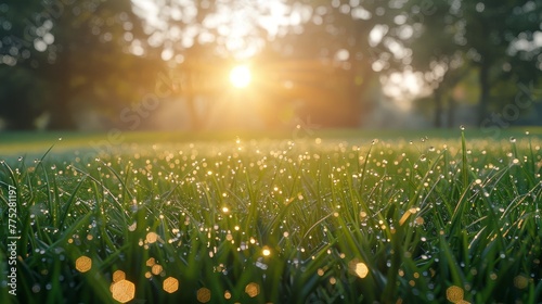 Golden hour morning in countryside  dewy grass, sunlight peek, realistic landscape photography photo