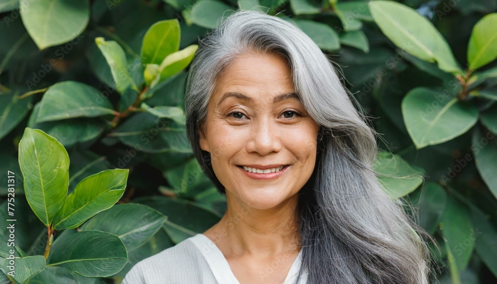 Beautiful mature woman with long healthy gray hair 50s looking at camera against green leaves background. Healthy facial skin care, natural cosmetics for middle age skin care, cosmetology concept Beautiful mature woman with long healthy gray hair 50s looking at camera against green leaves background. Healthy facial skin care, natural cosmetics for middle age skin care, cosmetology concept