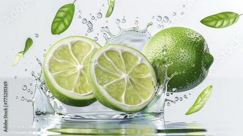 Fresh limes dropping into a glass of water. Great for summer drink concepts