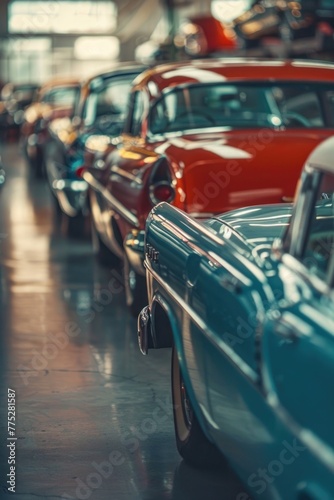 Row of old cars parked in a garage. Ideal for automotive industry promotions