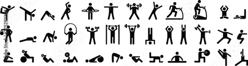 Exercise and fitness icons. Gym and Workout Set. Person Yoga exercises poses. Lunges, Pushups, Squats, Dumbbell rows, Burpees, Side planks, Situps, Glute bridge, Leg Raise, Side Crunch. photo