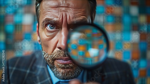 Businessman examining a contract through a magnifying glass. photo