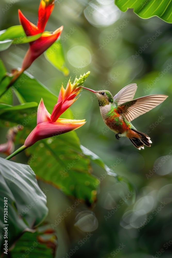 Obraz premium A hummingbird in flight near a colorful flower. Perfect for nature and wildlife themes
