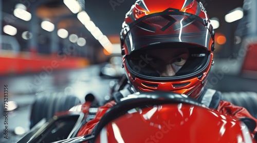 A man in a red helmet sitting in a race car. Ideal for automotive and sports industry promotions