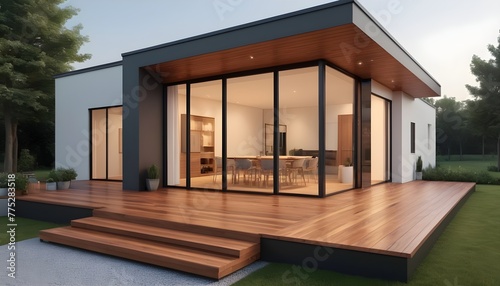 3D rendering of modern house with wooden deck floor at entrance and patio. © Ai Creatives