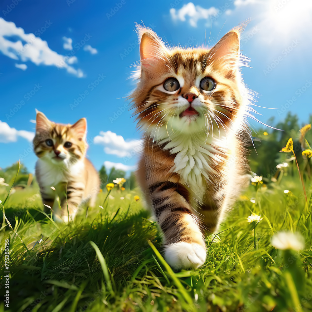 Two cat on the grass in sunlight. Curious pets outdoors. 