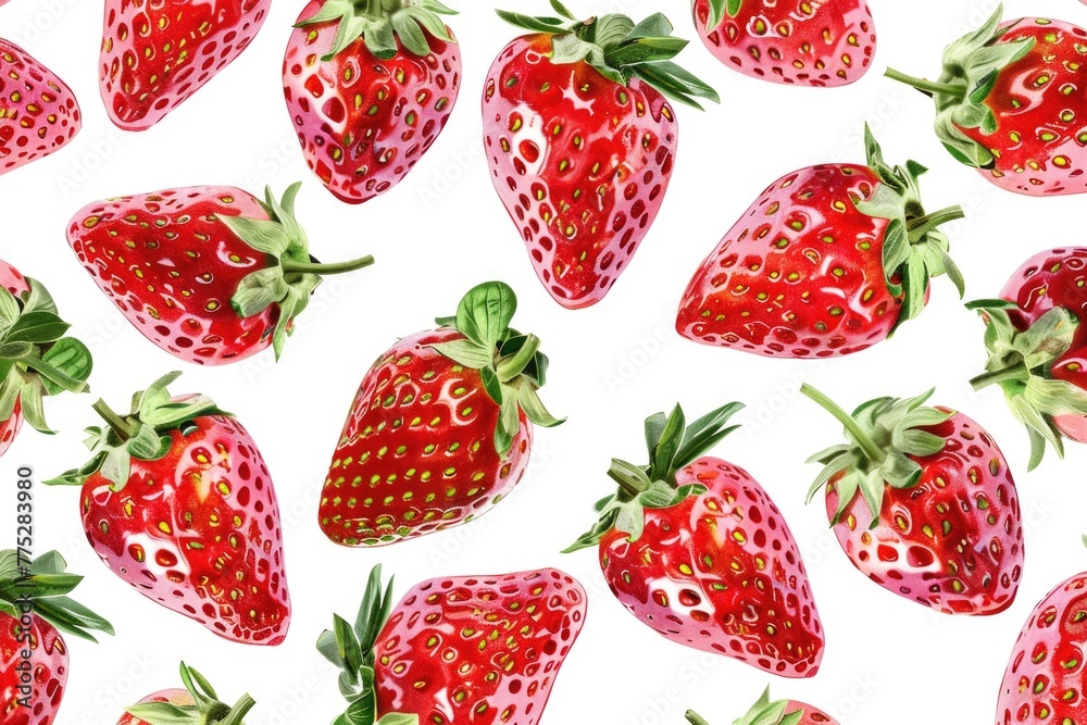 Ripe red strawberries on a clean white surface, perfect for food and health-related projects Ripe red strawberries on a clean white surface, perfect for food and health-related projects