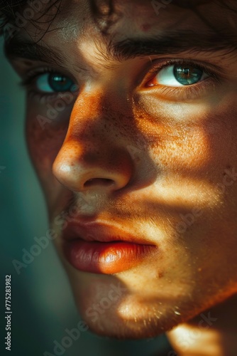 Close-up portrait of a young man with striking blue eyes. Ideal for lifestyle and beauty concepts © Fotograf