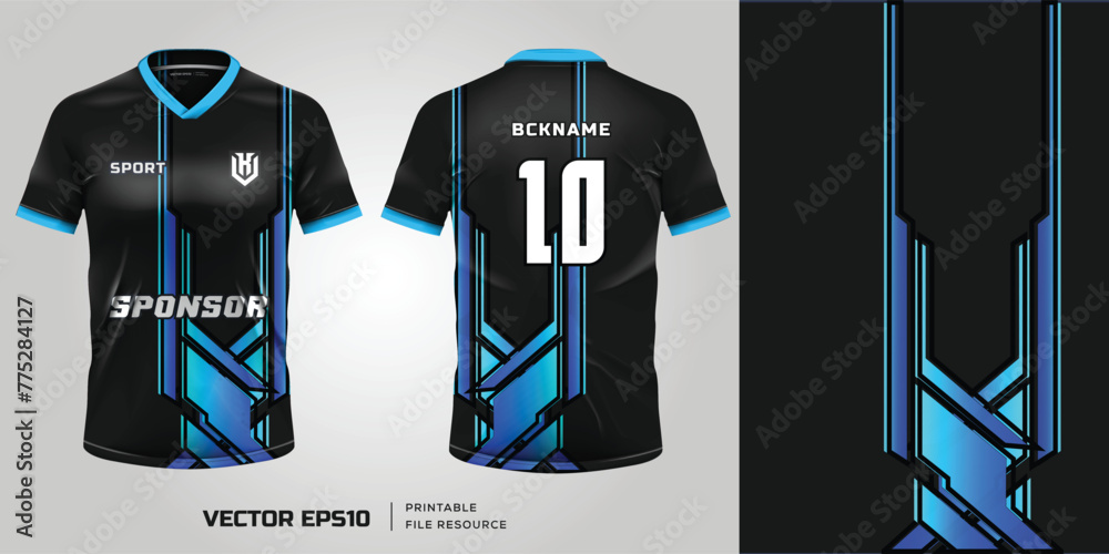 Jersey mockup template t shirt design. Blue geometry design for jersey soccer football kit. Front and back view. Vector eps file - obrazy, fototapety, plakaty 