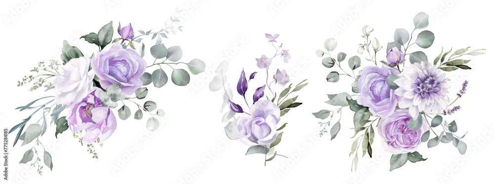 Watercolor floral bouquet clipart. Violet flowers and eucalyptus greenery illustration isolated on transparent background. Purple roses, lilac peony for  wedding stationary, greeting card