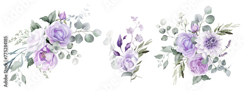 Watercolor floral bouquet clipart. Violet flowers and eucalyptus greenery illustration isolated on transparent background. Purple roses, lilac peony for wedding stationary, greeting card