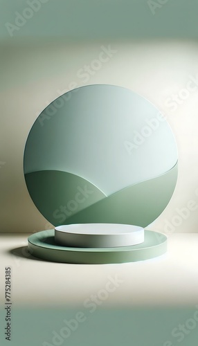 Moss green and pearl grey 3D empty rounded podium  3d stage for product display. an abstract platform for product presentation. podium for advertisement. tech products mockup. empty studio room