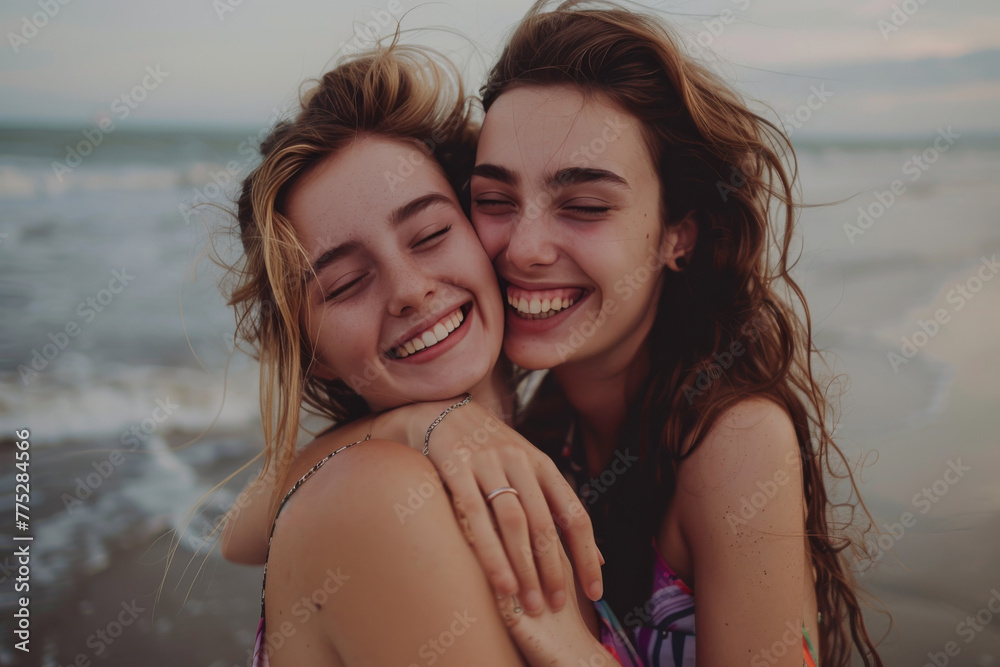 Two women are hugging each other and smiling on the beach Two women are hugging each other and smiling on the beach