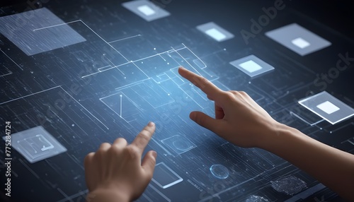 Image of data processing and shapes touching screen photo