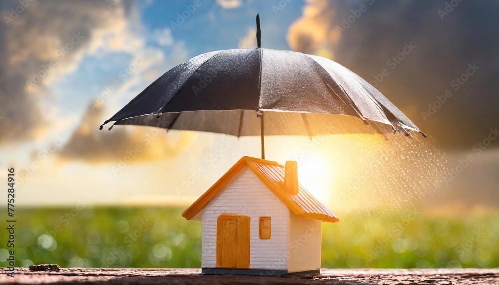  Concept of home insurance. House covered with umbrella to protect it from rain and storm