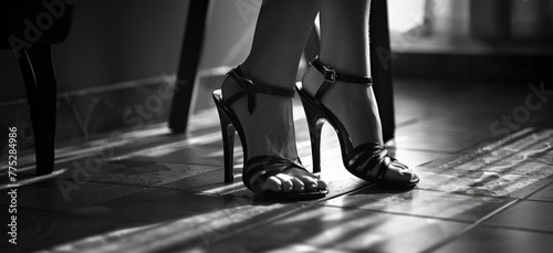 Woman's legs in high heels standing next to a chair. Perfect for fashion or business concepts