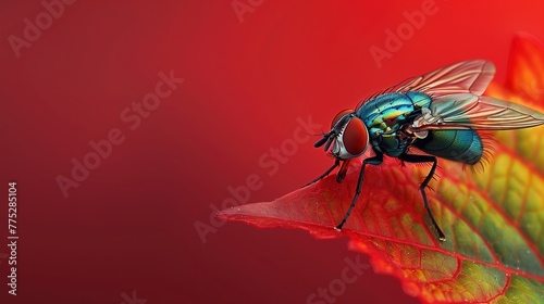 Capturing the intricate features of a fly on a vivid green leaf, set against a bold red backdrop
