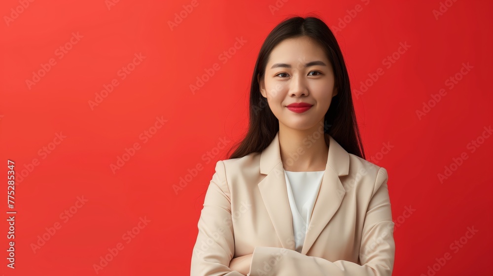 Young businesswoman cross hands long hair smile Asian Chinese Japanese Korean female woman simple color background Young businesswoman cross hands long hair smile Asian Chinese Japanese Korean female woman simple color background