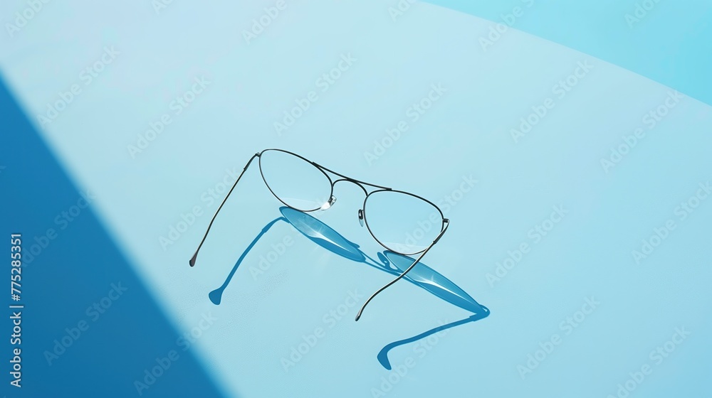 Minimalist composition of a pair of eyeglasses on a pristine solid color surface