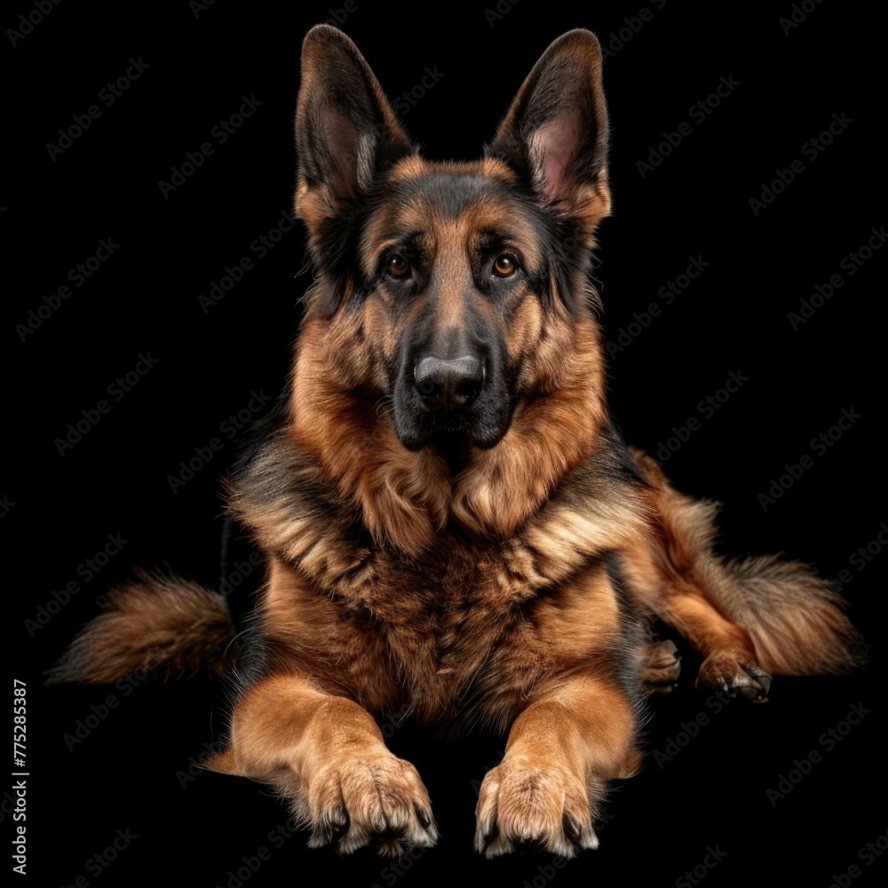 A German Shepherd dog laying down on a black background. Perfect for pet stores or animal lovers