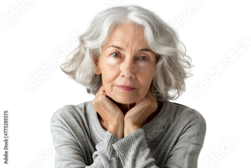 Studio portrait of a beautiful old mature Caucasian Americana woman in casual look with an attractive smile, isolated on transparent png background.