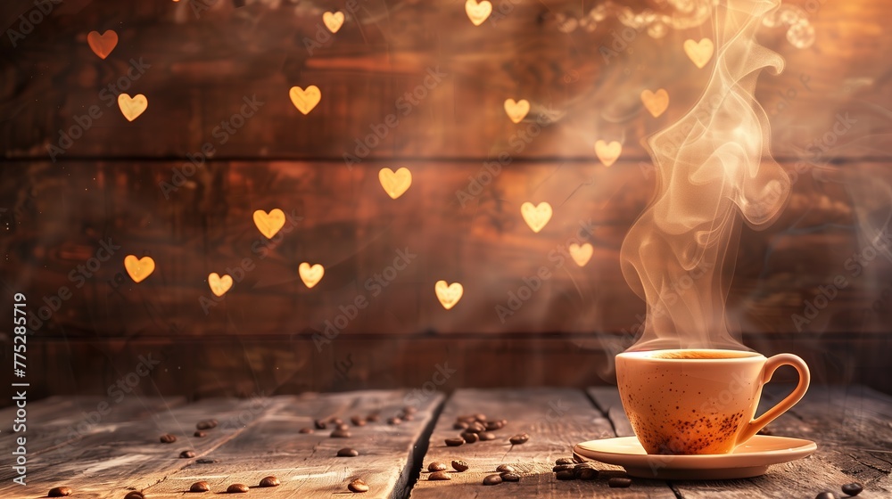 Steam rising from a freshly poured cup of coffee, set against the backdrop of a weathered wooden surface sprinkled with heart motifs, top view - obrazy, fototapety, plakaty 