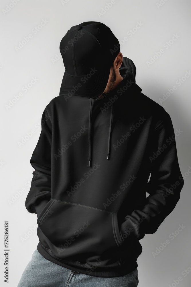 A man wearing a black hoodie and jeans. Suitable for fashion or urban lifestyle concepts