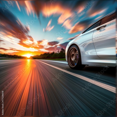 A white car driving down a road at sunset. Perfect for travel and transportation concepts © Fotograf