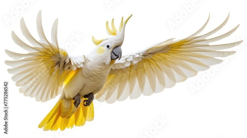 A beautiful white and yellow bird flying through the air. Suitable for nature and wildlife themes