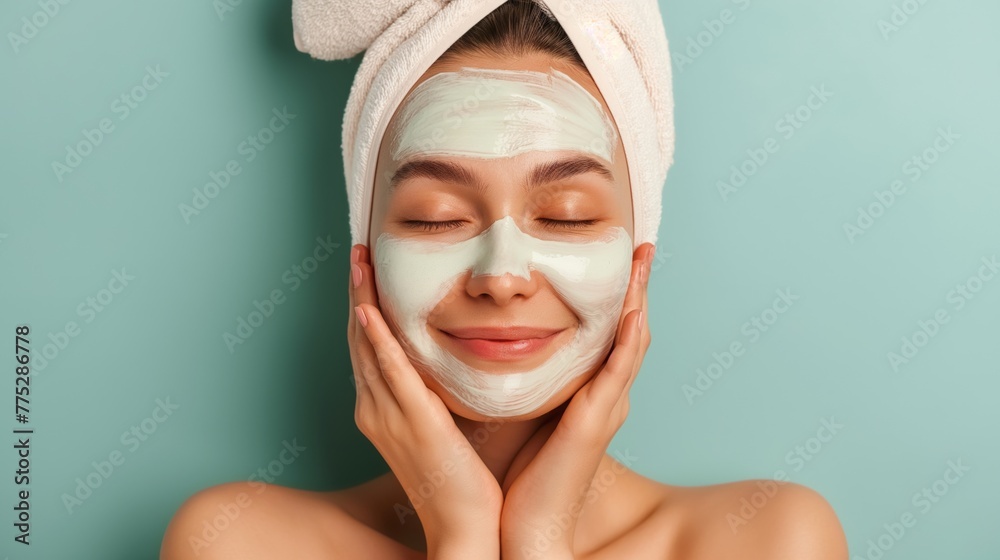 Facial mask applied on woman face with hair towel wrap both hands on cheek facial skin care advertisement pure color background Asian female