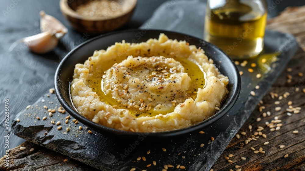Egyptian dish Ful mashed beans seasoned with garlic and olive oil, on a black flat stone board.