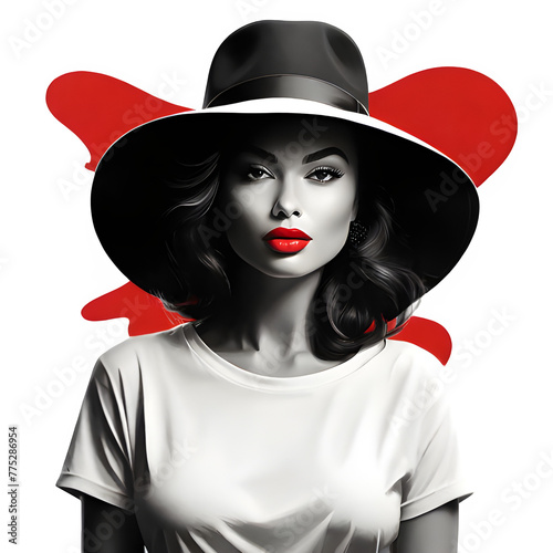 elegant woman wearing hat - black and white stylized portrait of a beautiful girl with long hair.