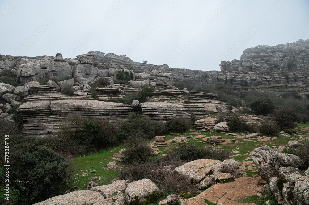 Picturesque view of a famous natural park El Torcal de Antequera near Málaga, Andalusia, Spain. Rocks in interesting shapes. Impressive karst landscapes.