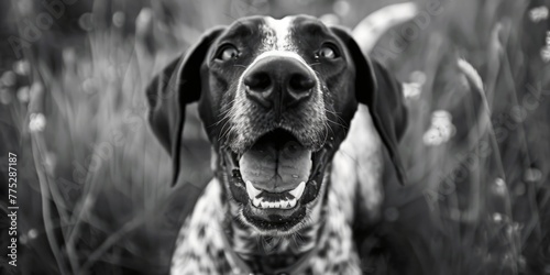 Black and white photo of a dog with its mouth open. Suitable for pet-related designs photo