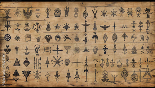 Large set of alchemical symbols isolated on white background. Hand drawn and written elements for signs design. Inspiration by mystical, esoteric, occult theme. photo
