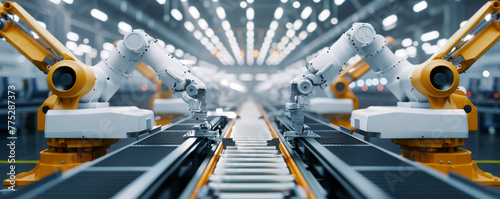 Industrial robots on a production conveyor belt, depicting advanced automated manufacturing technology. Sleek robotic arms engaged in precise manufacturing tasks along a high-tech conveyor system