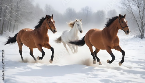 horses galloping freely through a snowy landscape.