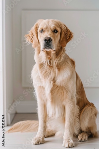 A dog sitting on the floor in front of a closed door. Suitable for various pet or home-related concepts