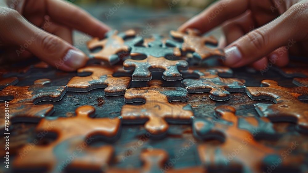 Concept of teamwork and partnership: hands joining puzzle pieces in the office, symbolizing unity and collaboration in business. Concept of teamwork and partnership: hands joining puzzle pieces in the office, symbolizing unity and collaboration in business.
