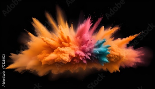 Abstract powder splatted background. Colorful powder explosion on black background. Colored cloud. Colorful dust explode. Freeze motion of orange color powder exploding isolated on white 