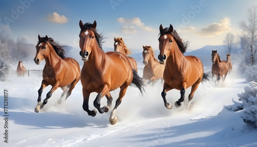 horses galloping freely through a snowy landscape.