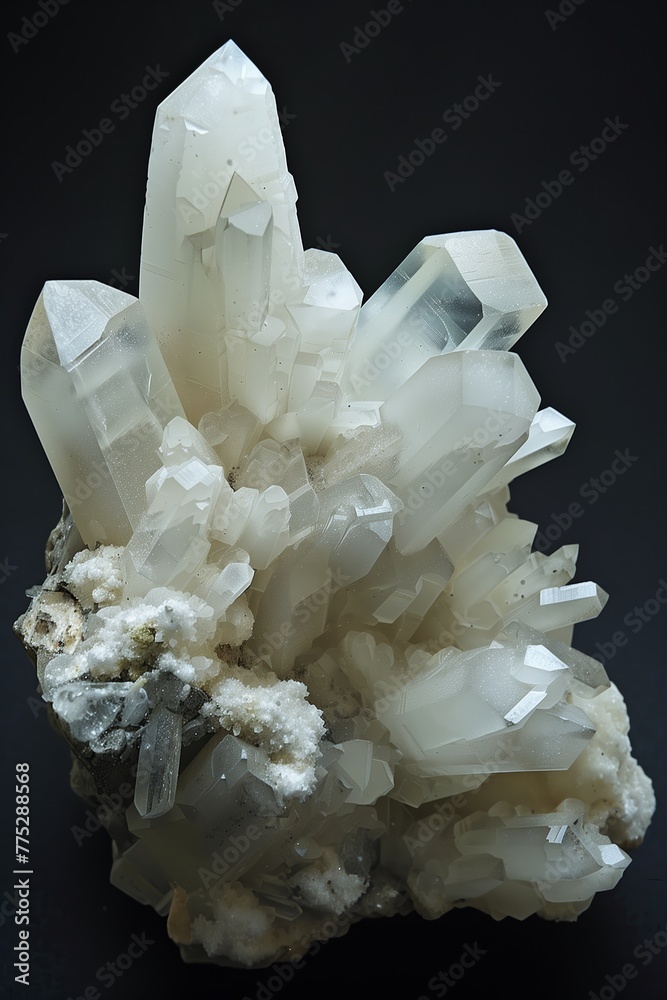 A stunning gypsum crystal cluster presented against a dark backdrop, emphasizing its structure and form A stunning gypsum crystal cluster presented against a dark backdrop, emphasizing its structure and form