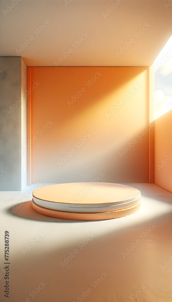Sun-kissed orange and misty grey 3D rounded podium. 3d stage for product display. an abstract platform for product presentation. podium for advertisement. tech products mockup. empty studio room Sun-kissed orange and misty grey 3D rounded podium. 3d stage for product display. an abstract platform for product presentation. podium for advertisement. tech products mockup. empty studio room